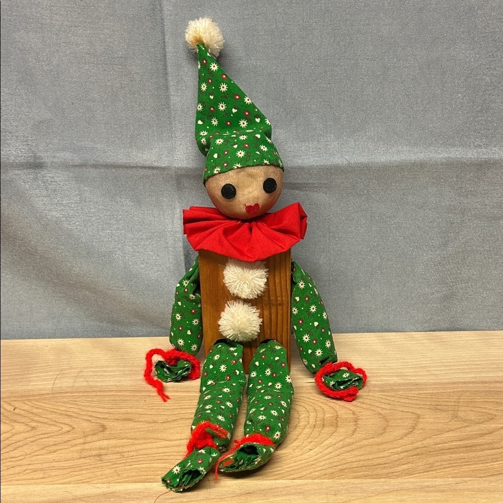Vintage Wood Block Cloth Clown Figurine Hand Made Painted Face Red Green Decor